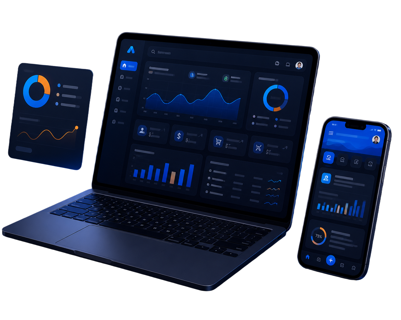 Laptop, telefòn ak entèfas dijital modèn EJ Web Design devlope